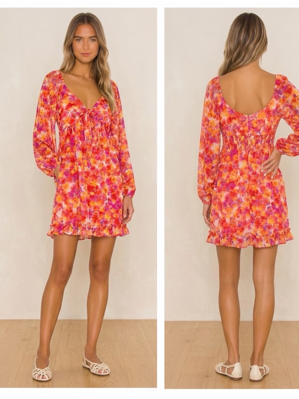 Misa Pink Orange Yellow Floral Chiffon Dress Romper XS - Picture 2 of 16